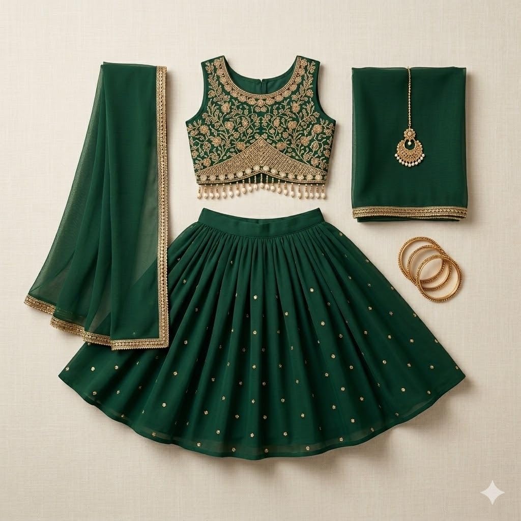 A.T.U.N. (ALL THINGS UBER NICE) Zardozi 3-częściowy zestaw Lehenga z haftem nicią Dupatta i pikowanym topem Choli dla dziewczynek | Designerski świąteczny strój etniczny