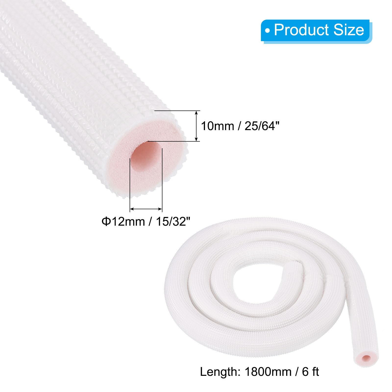 PATIKIL Tubo de Aislamiento de Tubería de 12mm ID x 10mm Grosor x 1.8m Tubo de Espuma Aislante Antideslizante para Tuberías de Aire Acondicionado Color Blanco Rosa