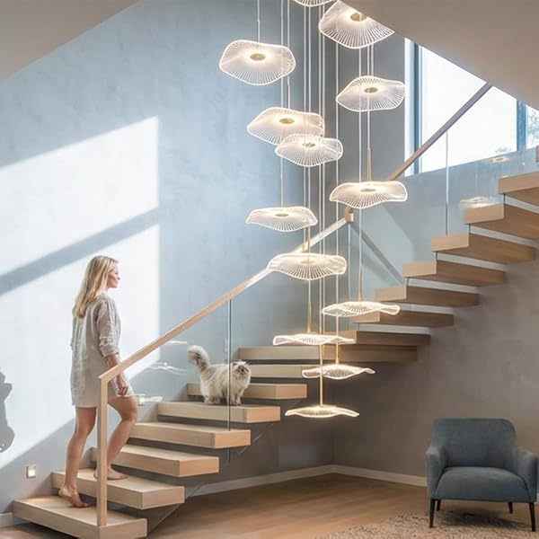 ziidoo High Ceiling Chandelier - 18-Light Dimmable Modern Gold Long Spiral Luxury Linear Lotus Leaf Led Lamp Hanging Pendant Lights for Foyer Enterway Staircase Villas by ziidoo - Used condition - Image 3