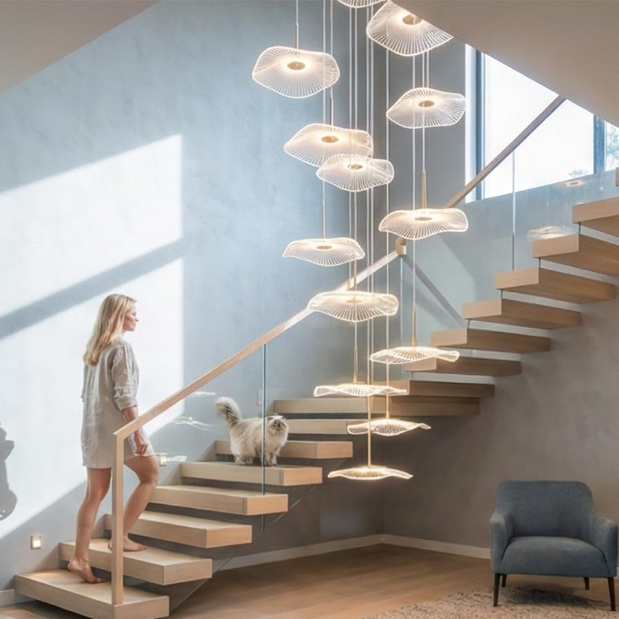 Image of ziidoo High Ceiling Chandelier - 18-Light Dimmable Modern Gold Long Spiral Luxury Linear Lotus Leaf Led Lamp Hanging Pendant Lights for Foyer Enterway Staircase Villas