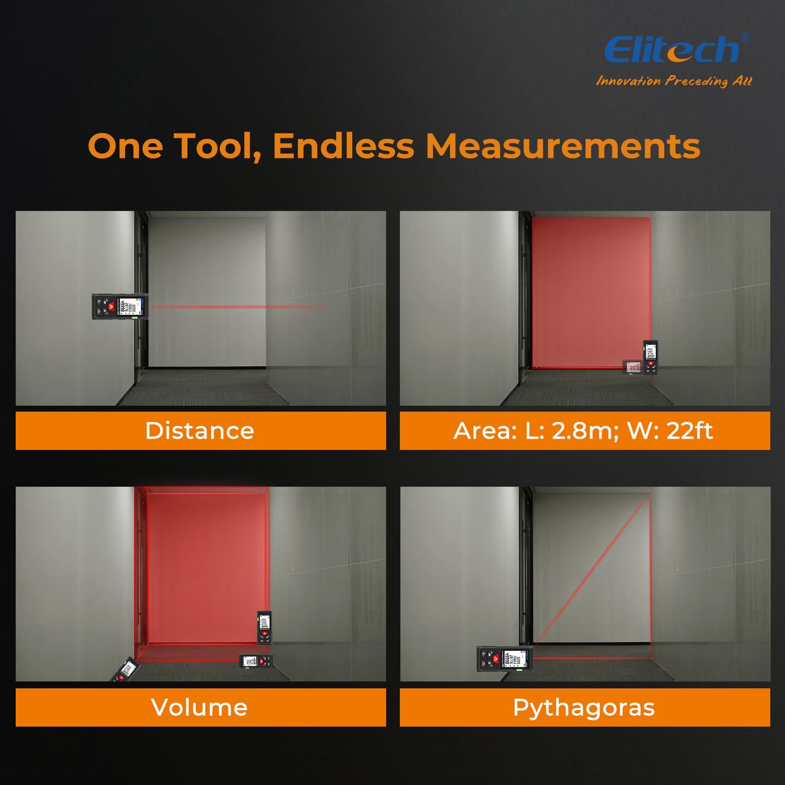 Elitech Télémètre Laser 50m Metre Laser Numérique Mesure Longueur Surface Volume Pythagore, 99 Mémoires, Niveau à Bulle Intégré, Unités Commutables Ft/in/m