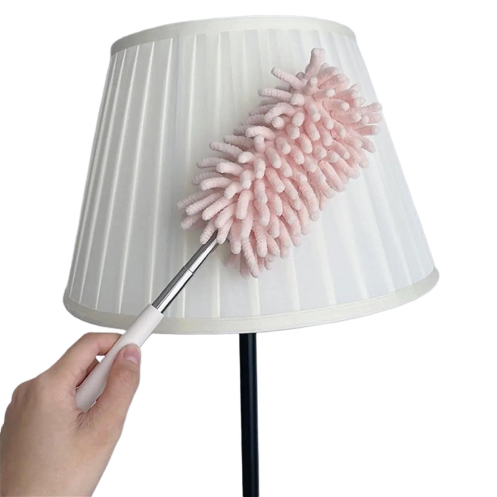 Cleaning Duster Telescopic Lengthen Duster Microfiber Chenille Home Stainless Removal Steel Dust Brush Ceiling Clean Multifunction(Pink)