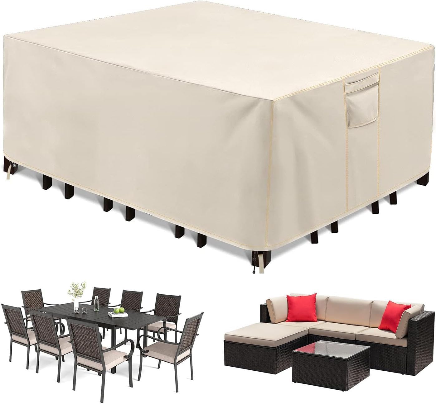 600D Patio Furniture Covers, 100% Waterproof Patio Table Cover, Heavy Duty Oxford Cloth Outdoor Table Cover, with Handles, Vents and Buckles, UV-Resistant (Beige, 350ร260ร90cm)