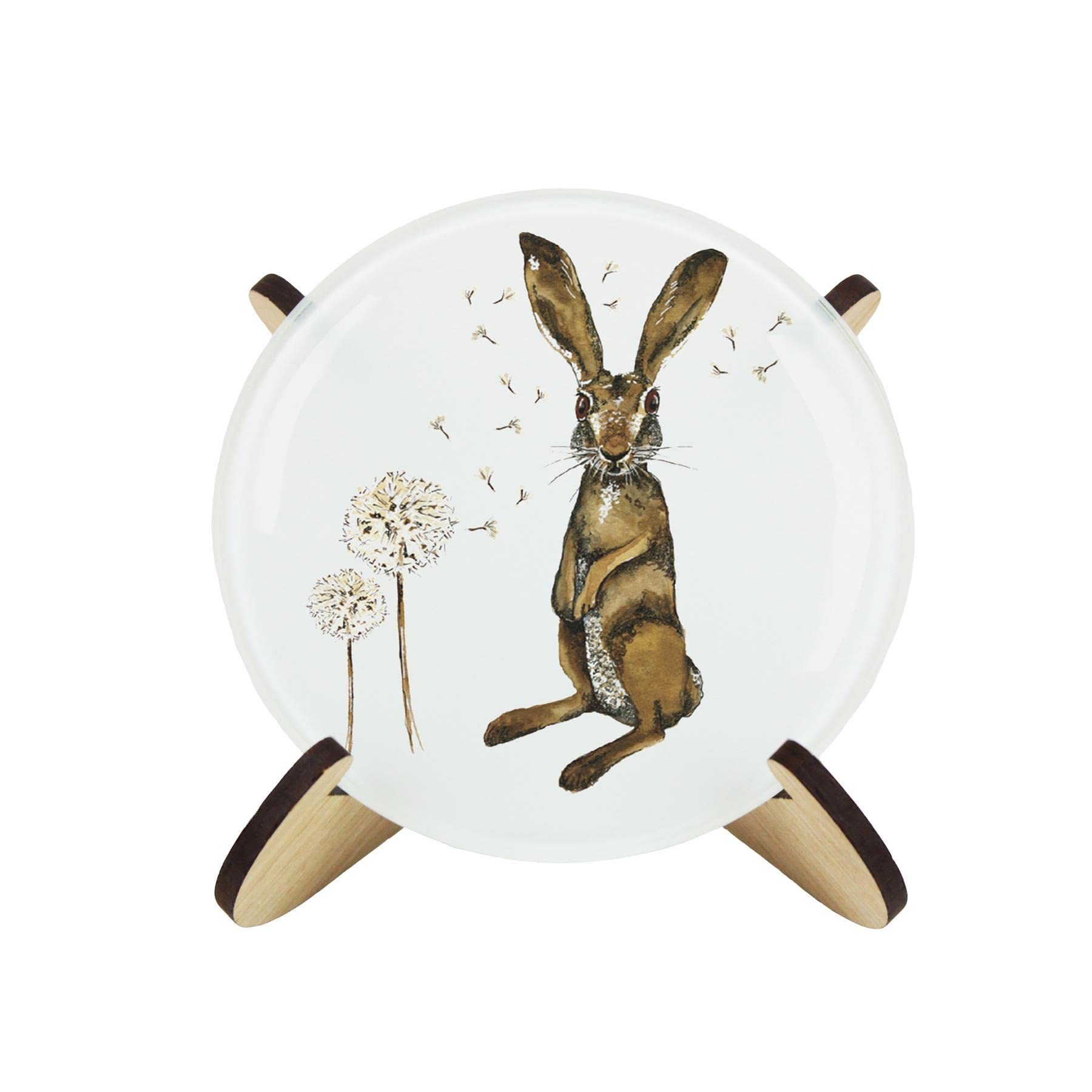 Purely Home Hares Glass Coaster Set - Round Painted Wildlife & Dandelions By Rhiannon Chauncey - Set Of Four (4) Coasters & Wood-Effect Stand