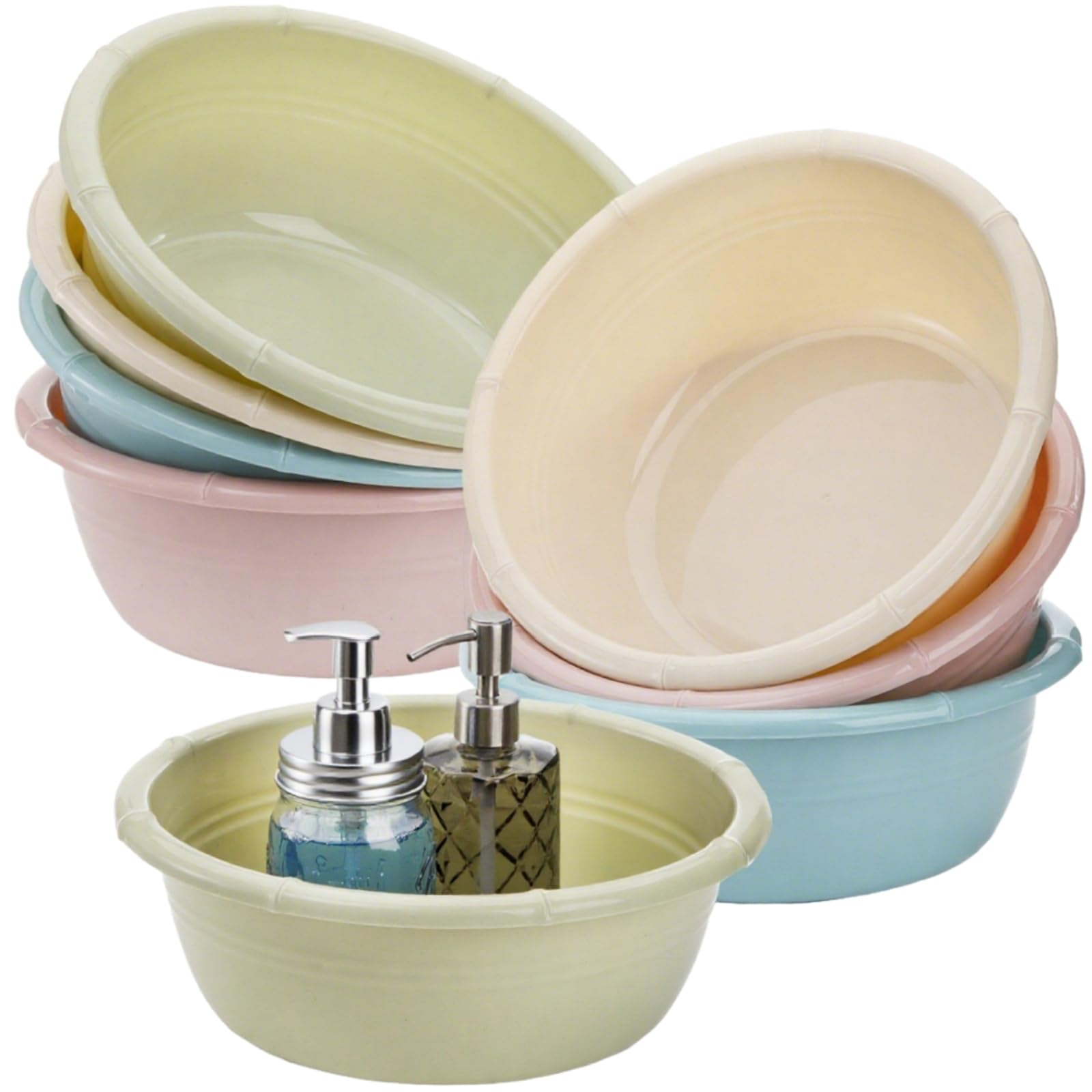 Peohud 8 Pack Plastic Wash Basin, 5L Round Washing Up Bowls, Stackable Wash Bowls for Personal Care, Unbreakable Vegetable Fruit Wash Pan Dish Tub for Home Kitchen Camping Outdoor Indoor, 30cm