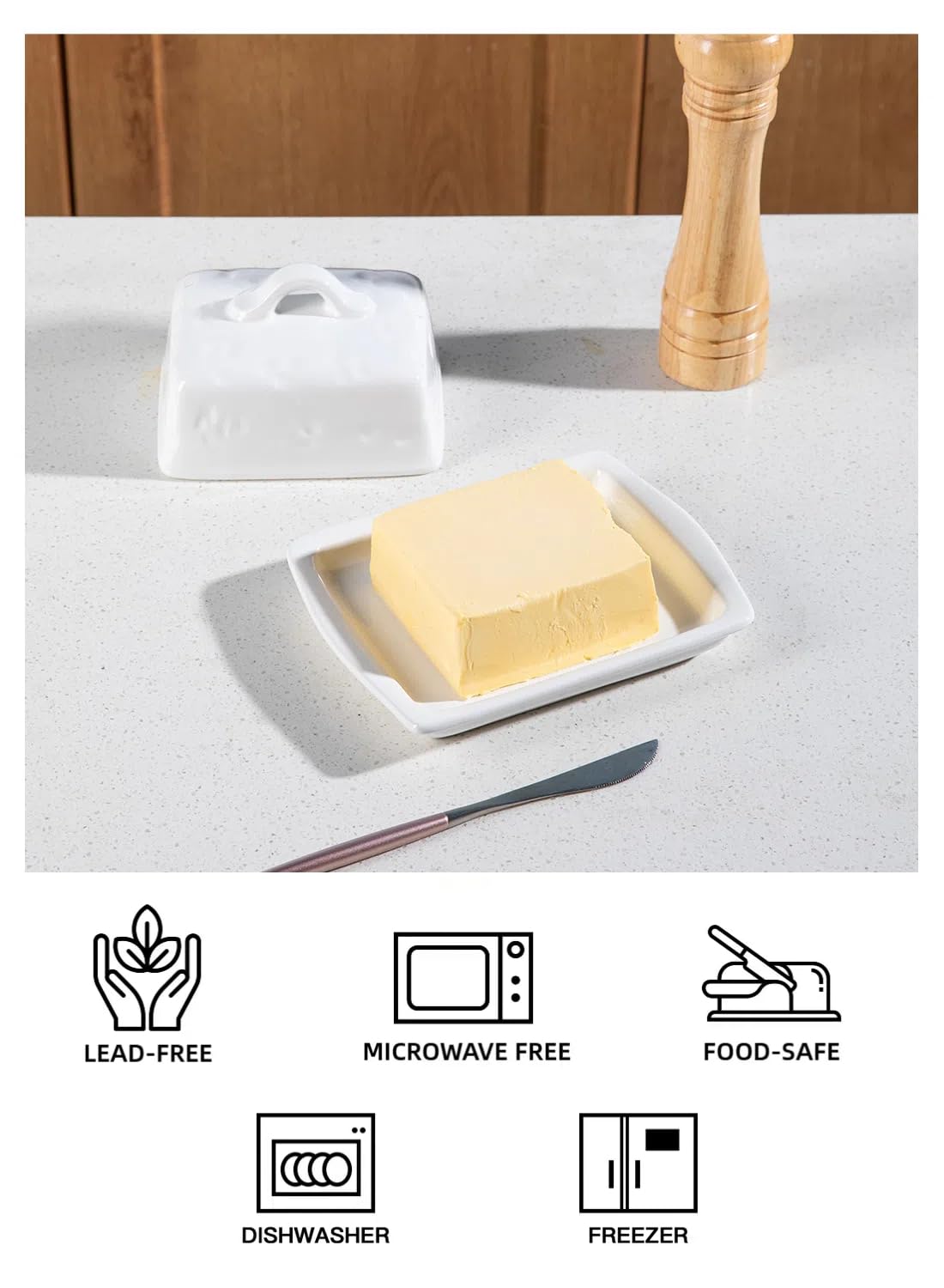 Sweejar Home Ceramic Butter Dish with Lid,Cheese-Shaped Butter Holder,Cute Butter Dish for Countertop,Kitchen Deco & Butter Storage(White) - Image 2