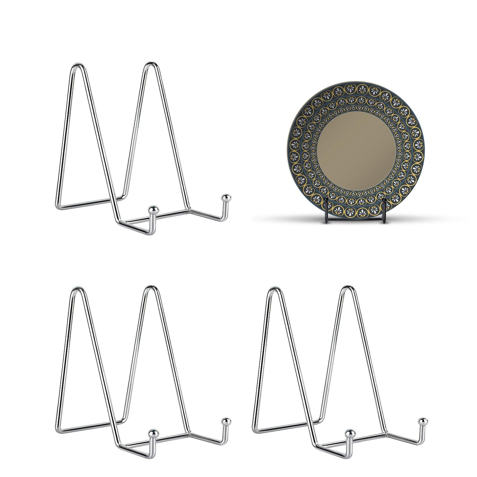 Kruodop 3 Pack 4 Inch Plate Stands for Display, Metal Frame Holder Stands for Book, Pictures, Photo Easel, Tabletop Art