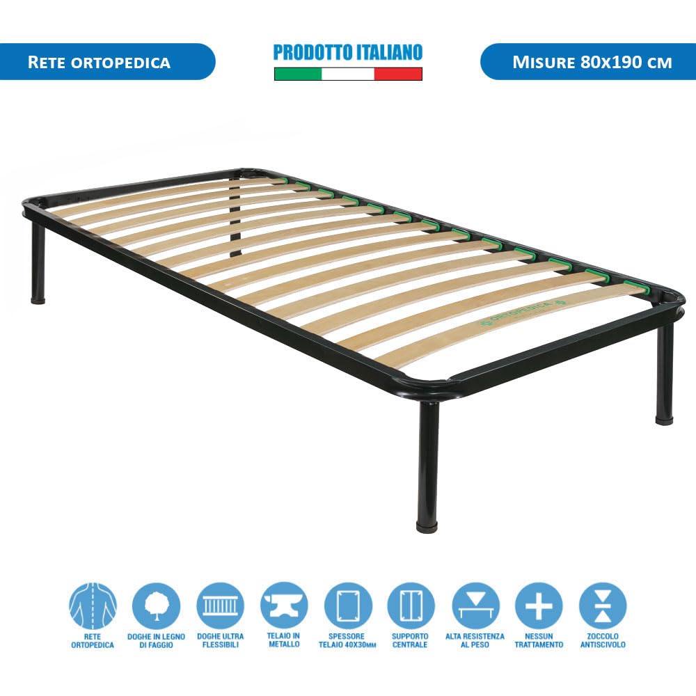 Comprarredo Rete letto singolo 80x190 ortopedica altezza 34 cm con doghe flessibili in legno, struttura e piedi in metallo con antiscivolo, rete singola per letto una piazza