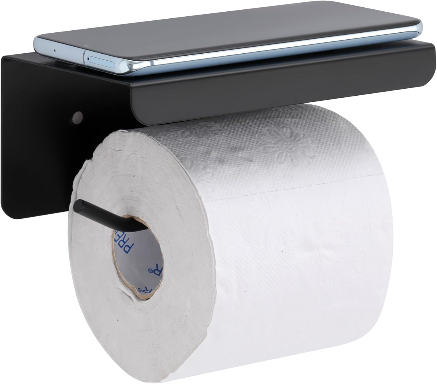 Self Adhesive and Wall Mount Black Stainless Steel Toilet Paper Holder with Mobile Stand, Tissue Paper Holder with Shelf, Toilet Paper Roll Holder for Bathroom, Bathroom Accessories with