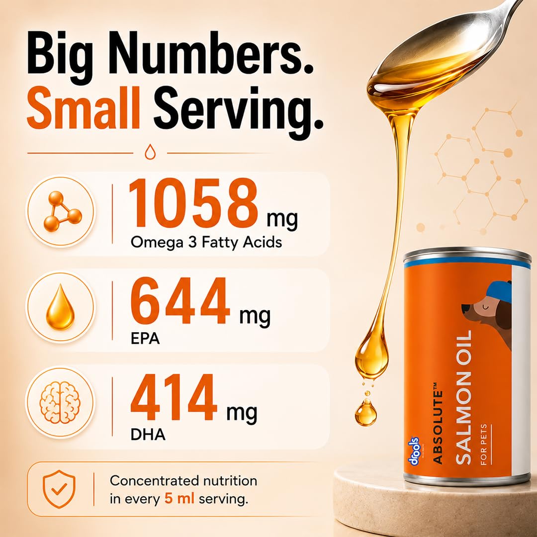 Drools Absolute Dog Supplement Syrup 150ml Jar | Salmon Flavour | All Breeds | Promotes Shiny Coat | Boosts Immunity | Aids Brain Development | Helps Prevent Skin Issues | Maintains Heart Health 1