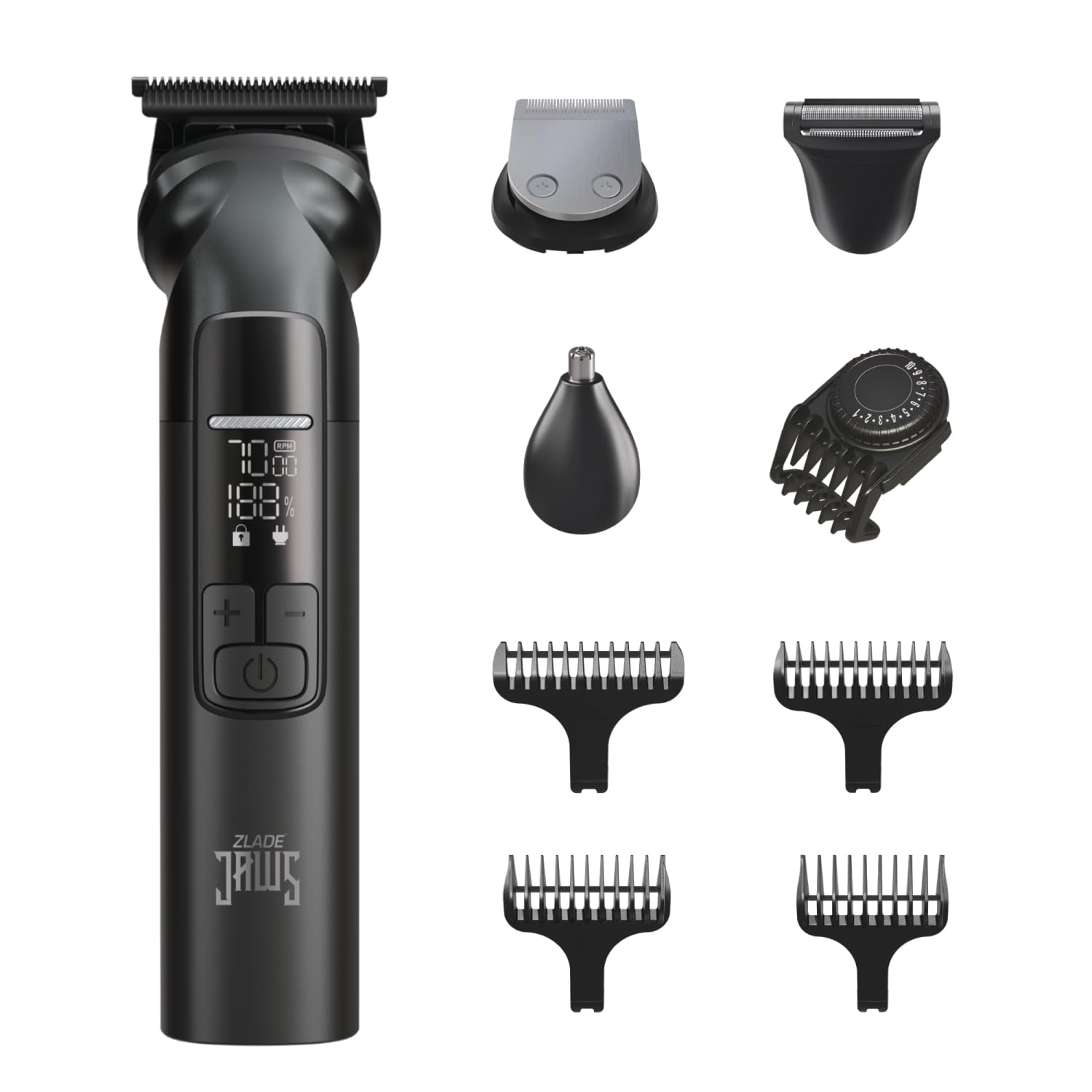 zlade jaws alpha all-in-one beard trimmer for men, 1200 mah powerful battery with 150min runtime, usb c ultra fast charging, ipx7 waterproof full washable aluminium body | 0mm to 10mm precision cutting | smart travel lock and digital display with 3 power modes (grey)