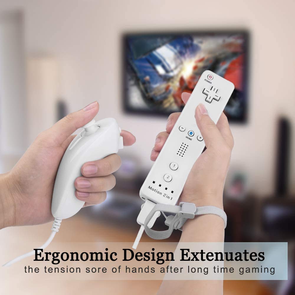 TechKen Wii Remote Controller (2 Sets) Include 2 Wii Remote and Build-in Motion Sensor Plus and 2 Nunchuck (2 in 1) (Renewed)