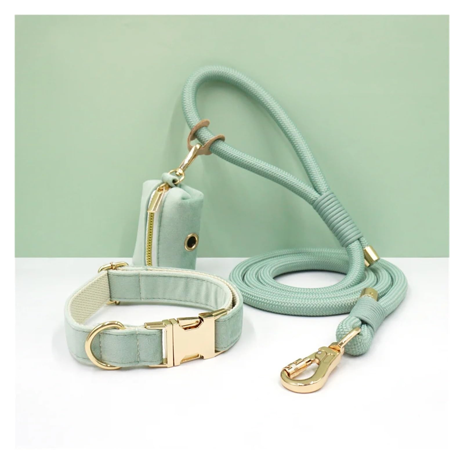 Generico Set Regalo con Collare for Cani Verde Menta, guinzaglio Rotondo in Corda e Sacchetto for Escrementi(3pcs Set,S Collar 25-40cm)