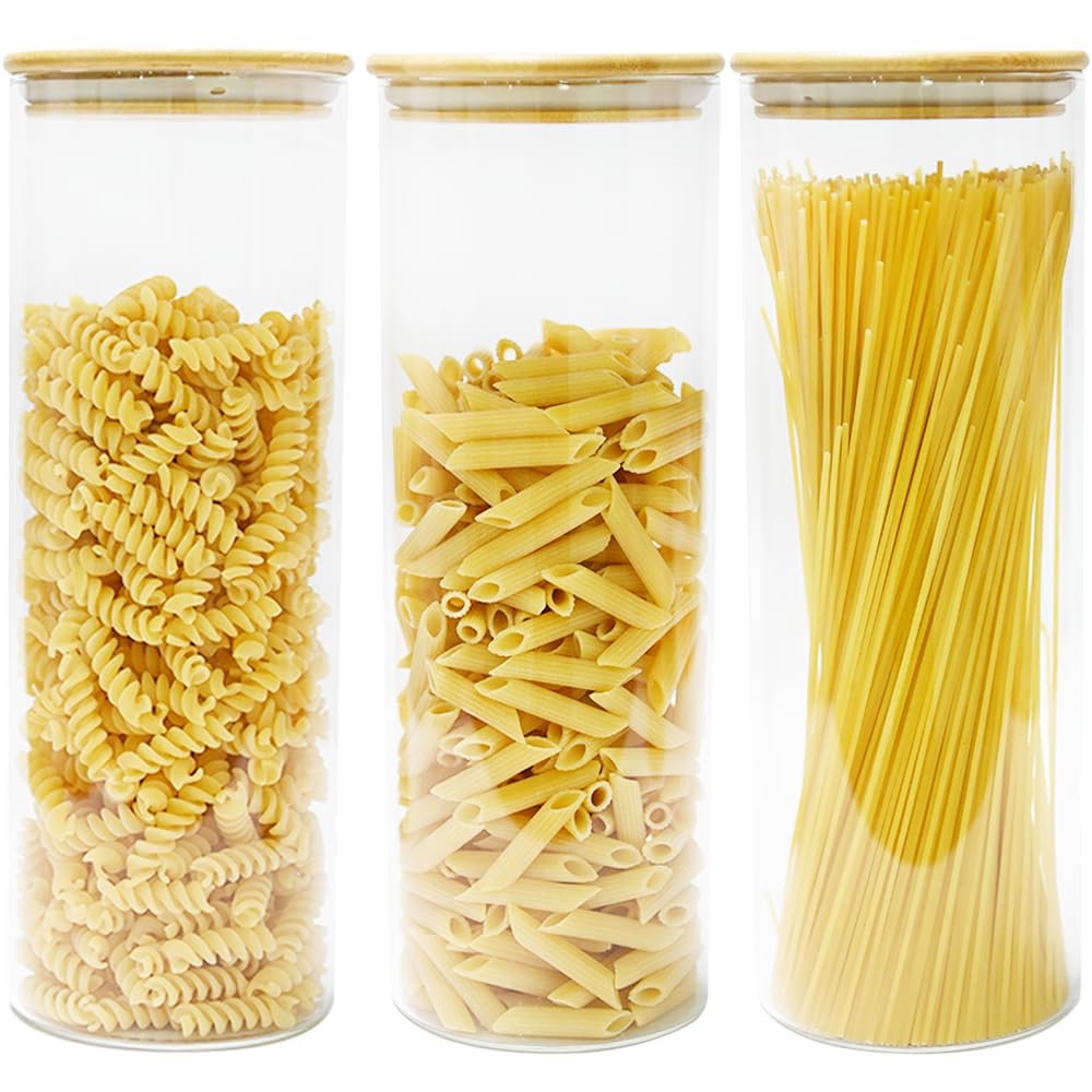 Unibos | 2025ml Glass Spaghetti Pasta Storage Container With Lids Set Of 3, Tall Clear Airtight Food Storage Jar With Cover Kitchen Pantry Storage Container For Noodles Flour Cereal Coffee Beans