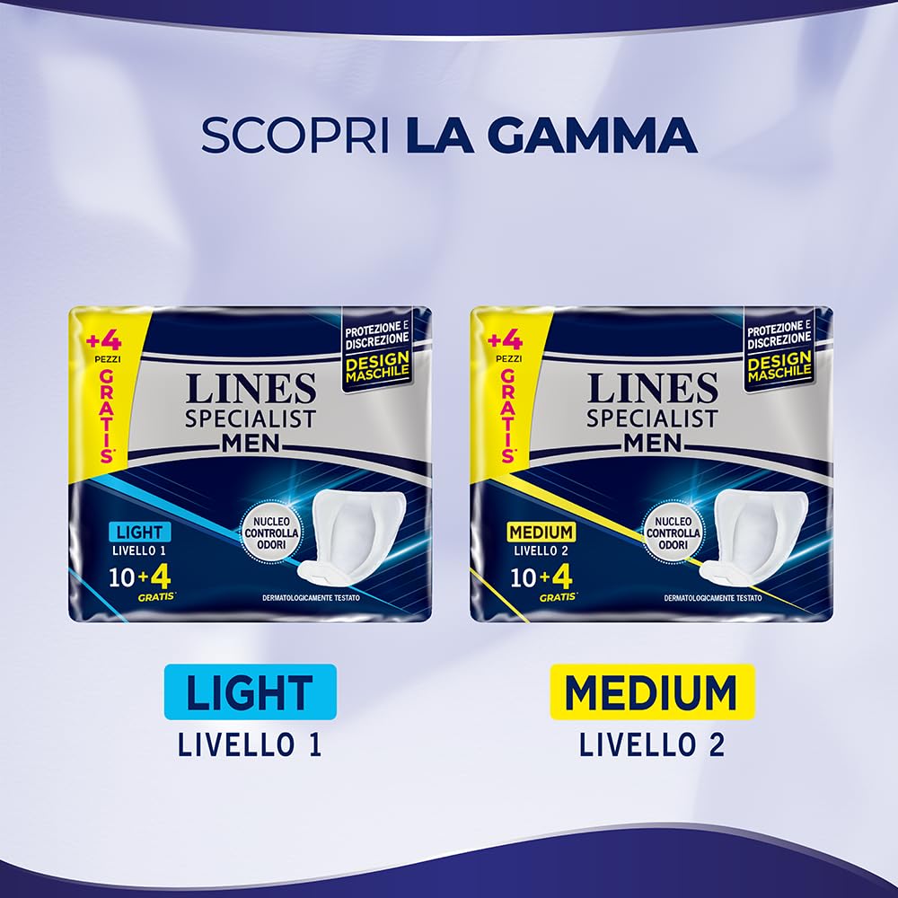 Lines Specialist Compresas masculinas Light Nivel 1, anatómicas y con núcleo controla olores, protección y discreción, 8 paquetes de 14 unidades