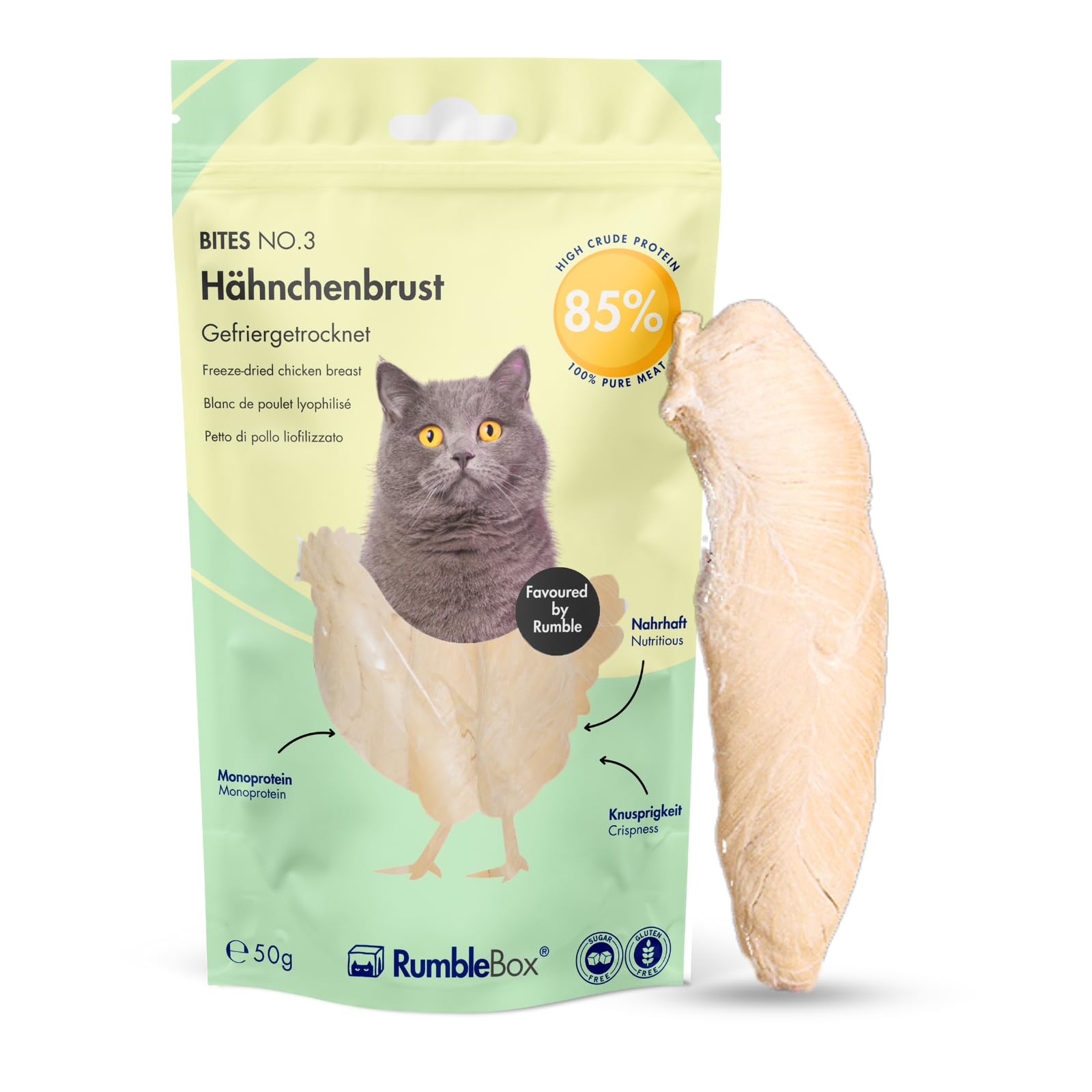 RumbleBox Gefriergetrocknete Hähnchenbrust im ganzen Stück – 100 % Monoprotein Katzensnack ohne Getreide & Zucker, naturbelassen & artgerecht (50 g)