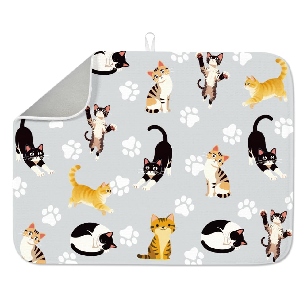 INFUNLY Cute Cat Dish Drying Mat for Kitchen Counter Orange Cat Dish Drainer Mats Absorbent Microfiber Anti-Slip Cats Dishes Drying Pad 18x24Inch Washable for Table Countertop Sink Coffee Bar