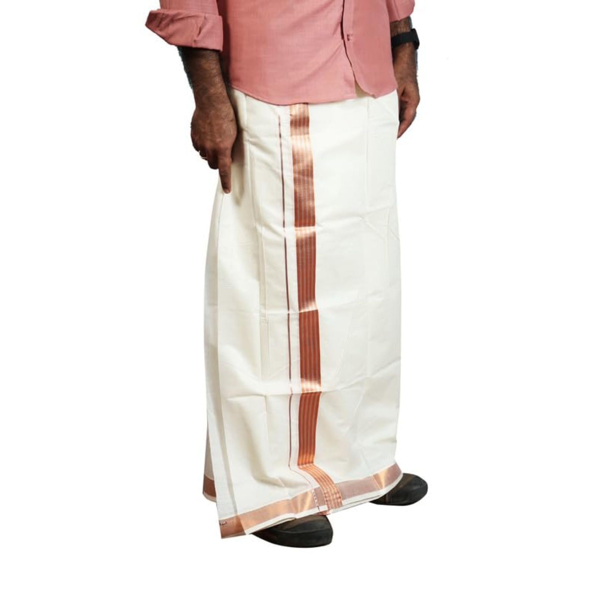 kavz Men's Cotton Kerala Mundu Double Dhoti,4 Meters With Copper & Silver Border (Off White)-picture-41