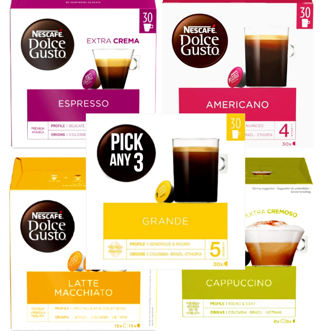 Nescafé Dolce Gusto PICK ANY 3 Coffee Pods from 6+ Flavours Inc. Cappuccino, Americano, Grande, Latte Macchiato and Espresso (Total 3 Pack, 90 Capsules)