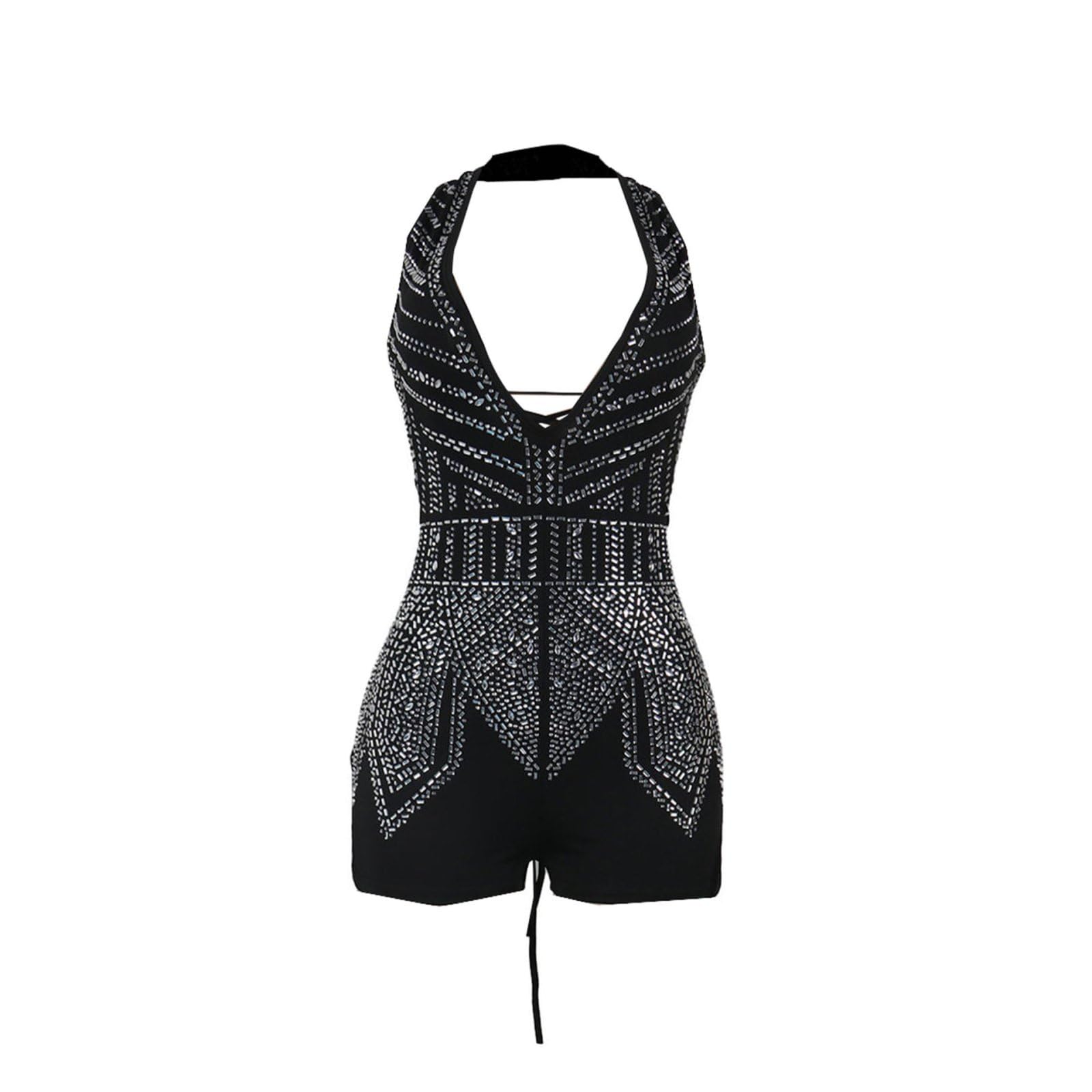 Damski pajacyk bez rękawów Rhinestone Lace Up Deep V Neck Halter Clubwear Body