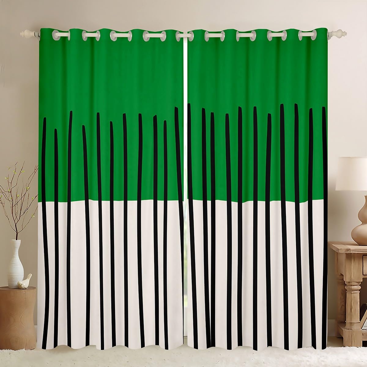 Homewish Green White Blackout Curtains 46 x 54 Inch - Black Vertical Striped Eyelet Curtains for Living Room Bedroom - Abstract Geometric Room Darkening Window Drapes 2 Panels Mid-Century Art Deco — image 1