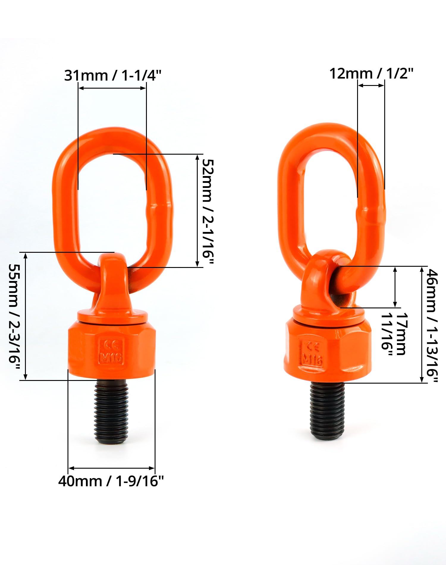 QWORK Heavy Duty M16 x 31.8 G80 Swivel Hoist Ring, 2 Pack 1.12Ton