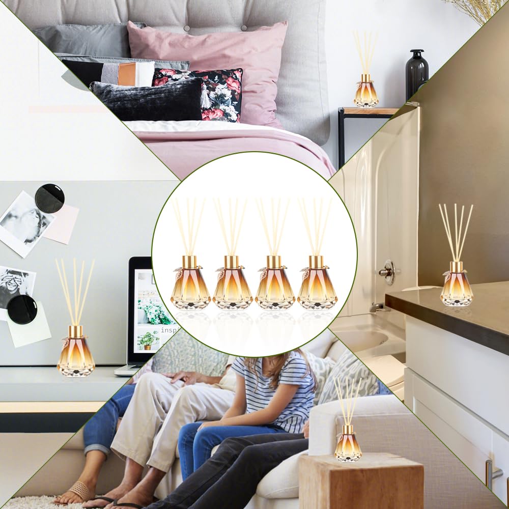 4 Leere Schilfrohr-Diffusorflaschen mit 20 Stäbchen, zartes Blattgold, Glas-Duft-Set mit Deckel für Zuhause, Badezimmer, nachfüllbar, Diamant-Stil, Gold