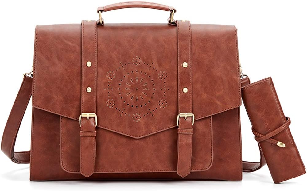 Women Briefcase PU Leather Crossbody Messenger Computer Bag with Bow fits 15.6 inch Laptops, Brown