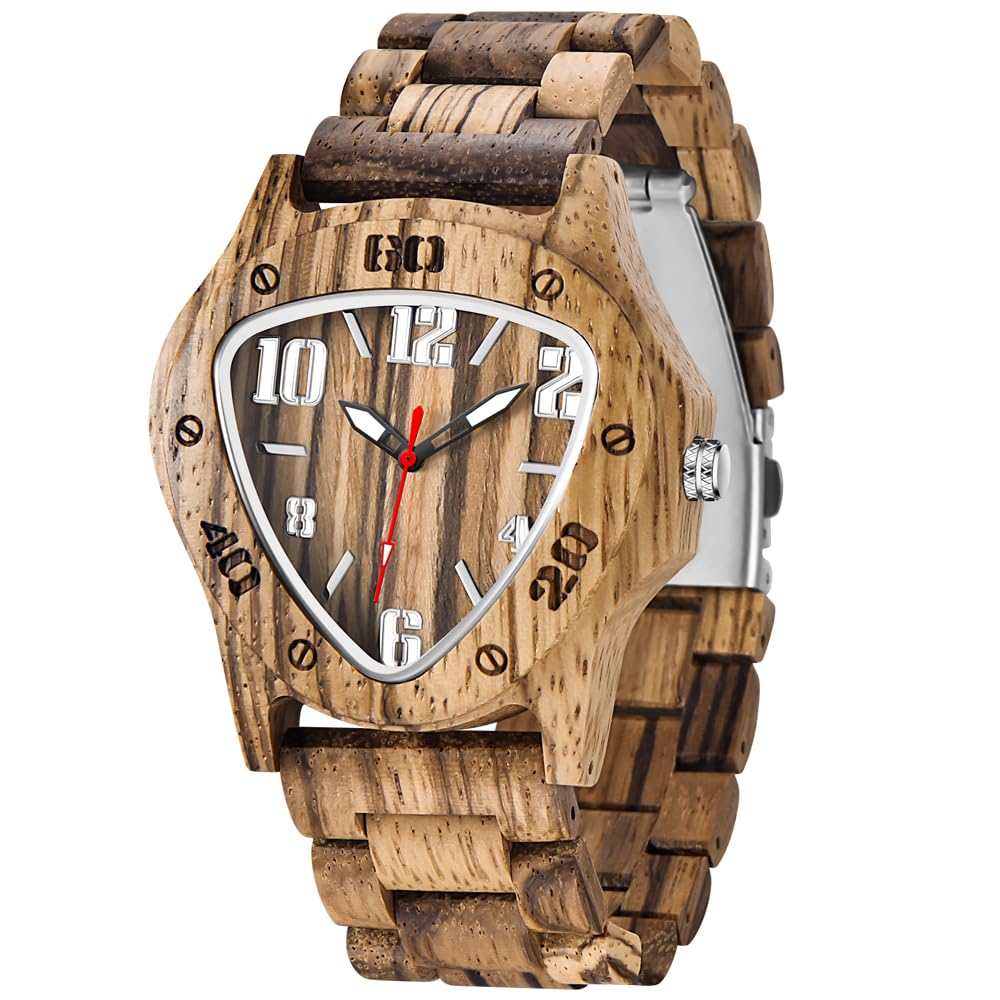 Tiong Orologio da uomo in legno di bambù Invertito Geometrico Orologio analogico al quarzo per uomini Orologi in legno fatti a mano, Wq2001-marrone, Retrò