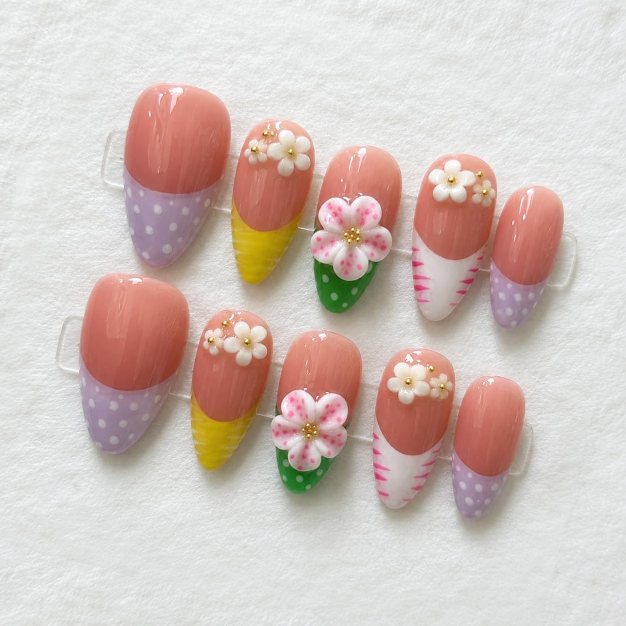 SundayMuse Handmade Medium Almond Acrylic Press On Nails, Long-Lasting Reusable Colorful French Flowers Fake Nails Kit with Tools, 10Pcs Salon-Quality Stick On Nails for Women (Size Small) image 2