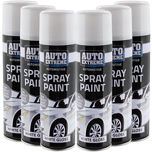 All Purpose Automotive Spray Paint 250ml Can White Gloss Finish Aerosol Metal Interior Exterior Fast Dry Excellent Coverage Adhesion - White Gloss - 6 Pack