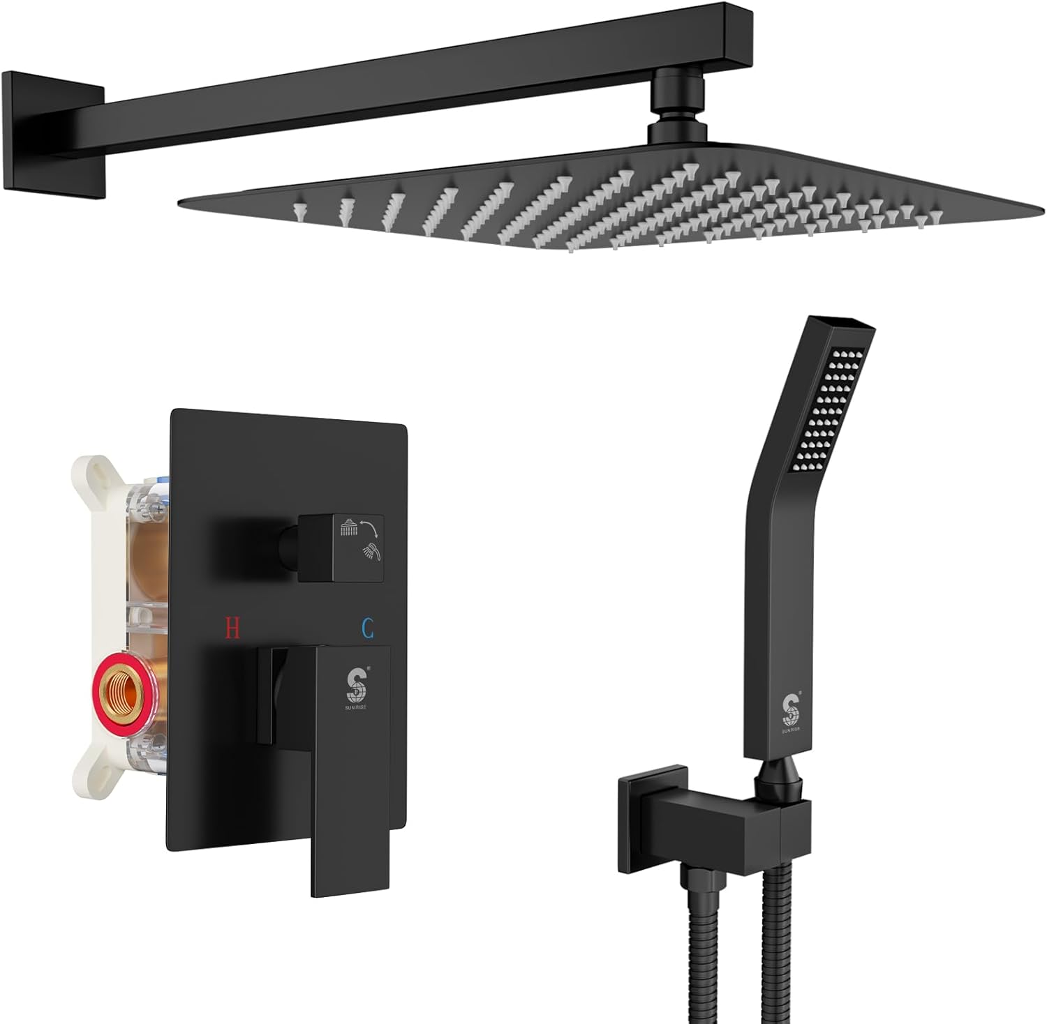 SR SUN RISE 12 Inches Matte Black Shower System 12 Inch Brass Bathroom Luxury Rain Mixer Shower Combo Set Wall Mounted Rainfall Shower Head System Shower Faucet Rough-in Valve Body