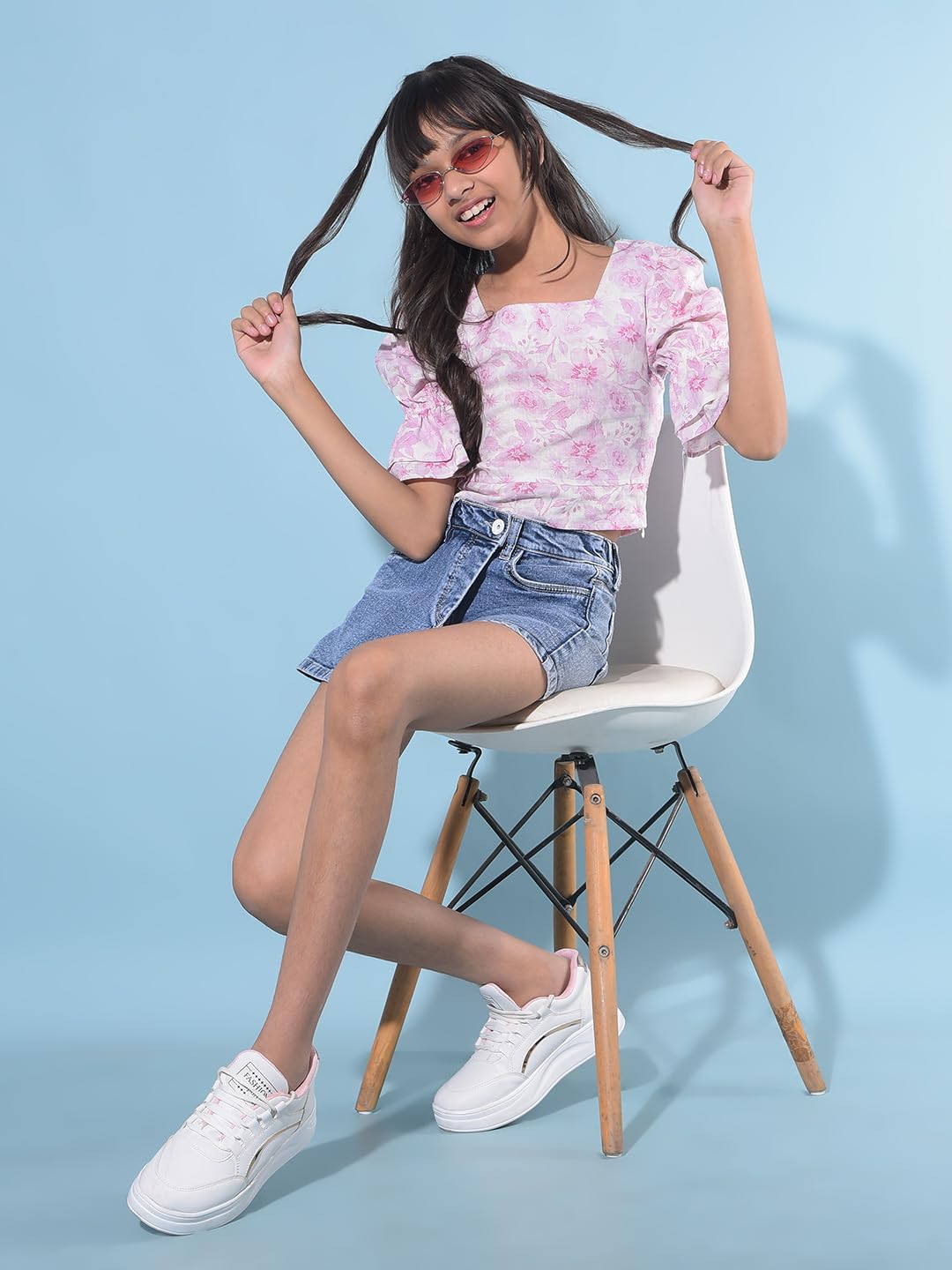 Crimsoune Club Girl's Pink Floral Print Crop Length Linen Top (9-10Y) 4