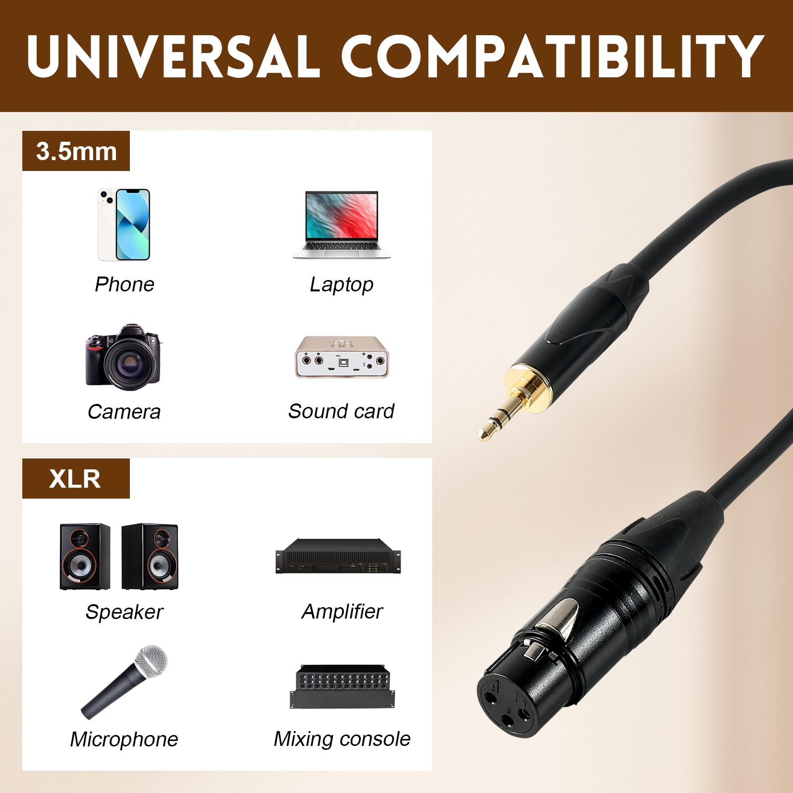 Cable de micrófono XLR a 3,5 mm, XLR hembra a 3,5 mm TRS estéreo macho, cable equilibrado chapado en oro para cámara, computadora, altavoz, 1 m