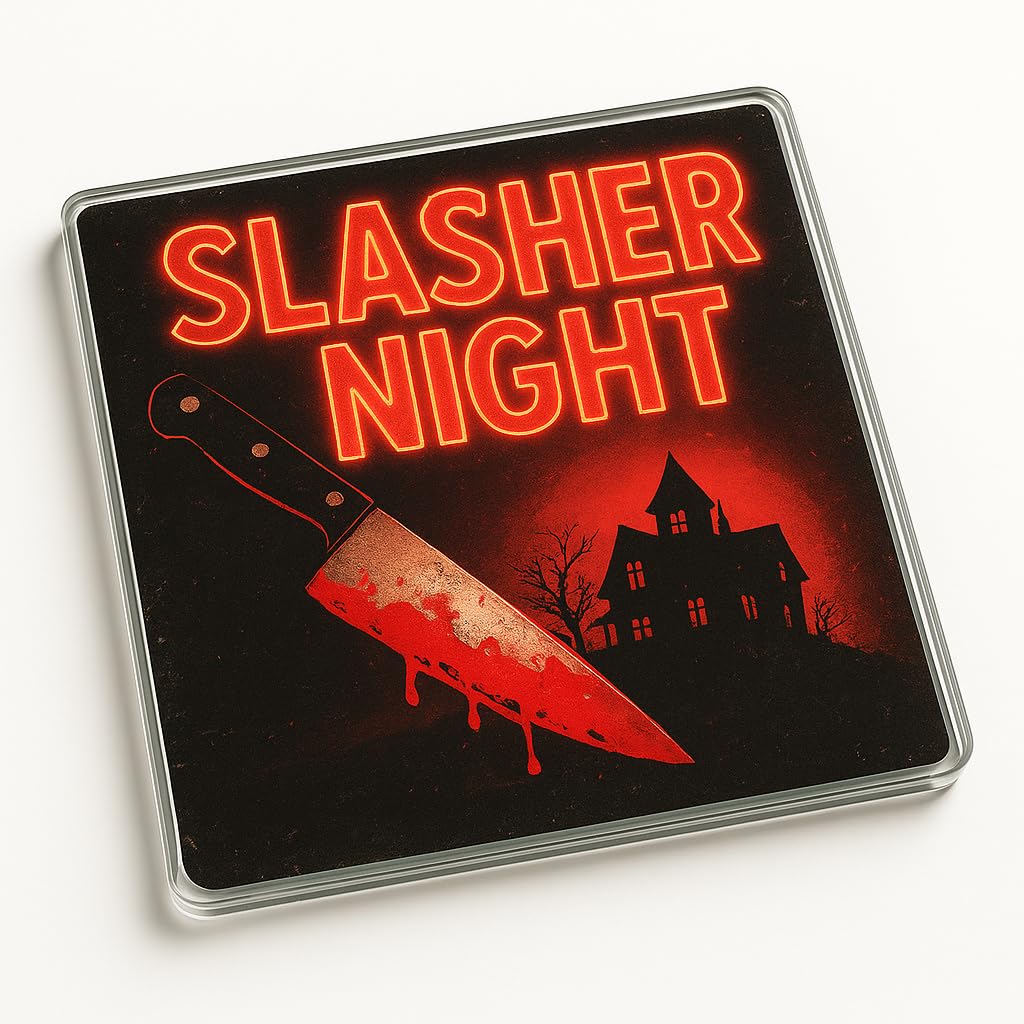 Neon Horror Vibes Acrylic Coaster Gift for Halloween - Retro Slasher Night Design with Classic Movie Icons