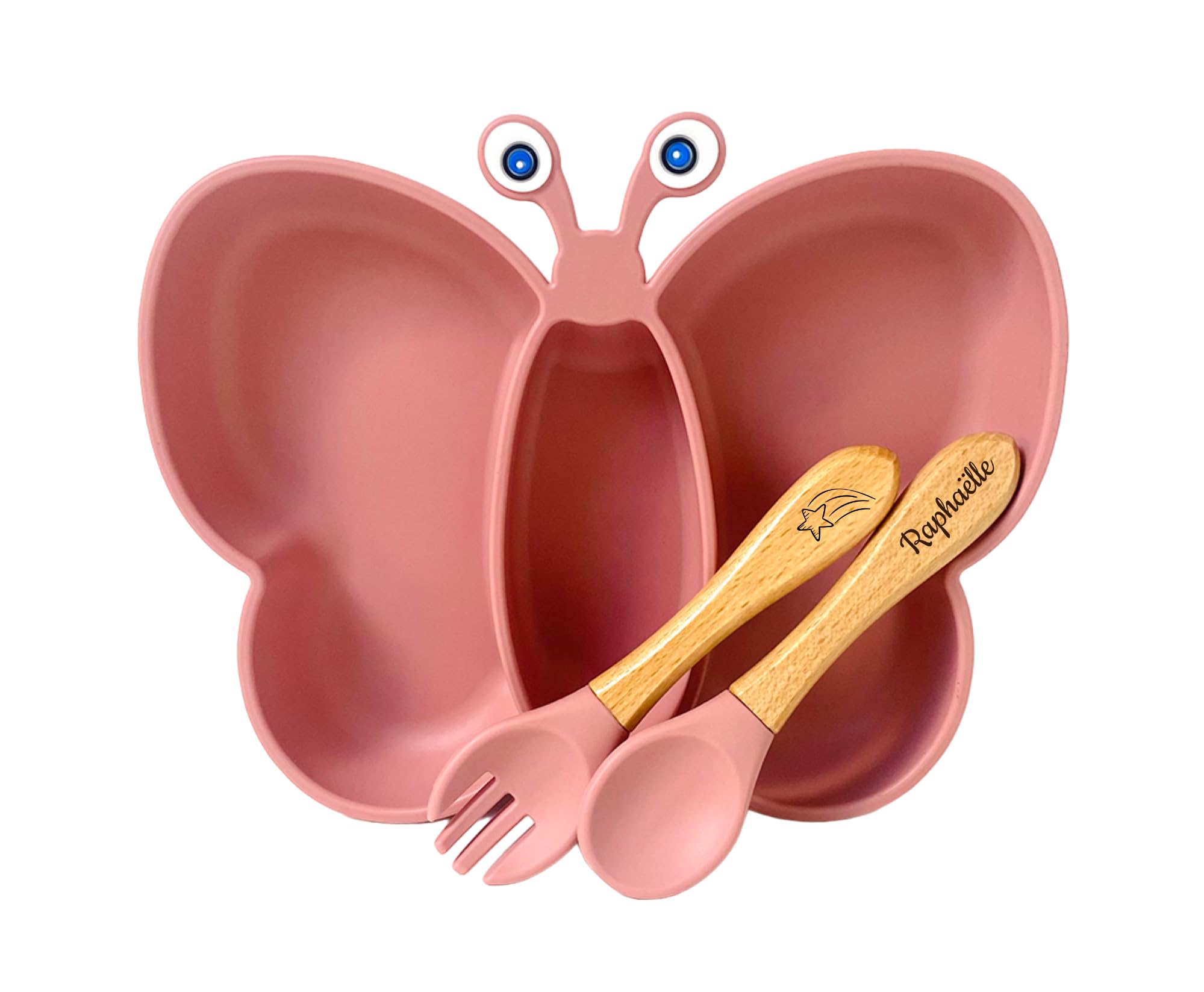 Ensemble repas pour enfant en papillon avec assiette à ventouse, couverts personnalisés - Idéal pour baptême, naissance et anniversaire - Cadeau original pour bébé - Kit coffret diner pratique