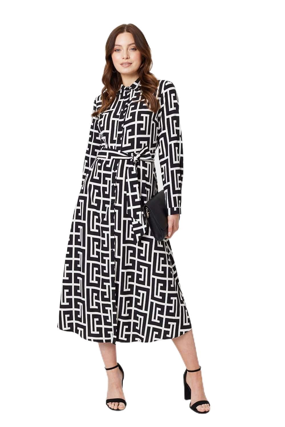 Izabel London Printed Tie Waist Midi Shirt Dress for Women UK with Collar, tie Waist and midi Length Hem.