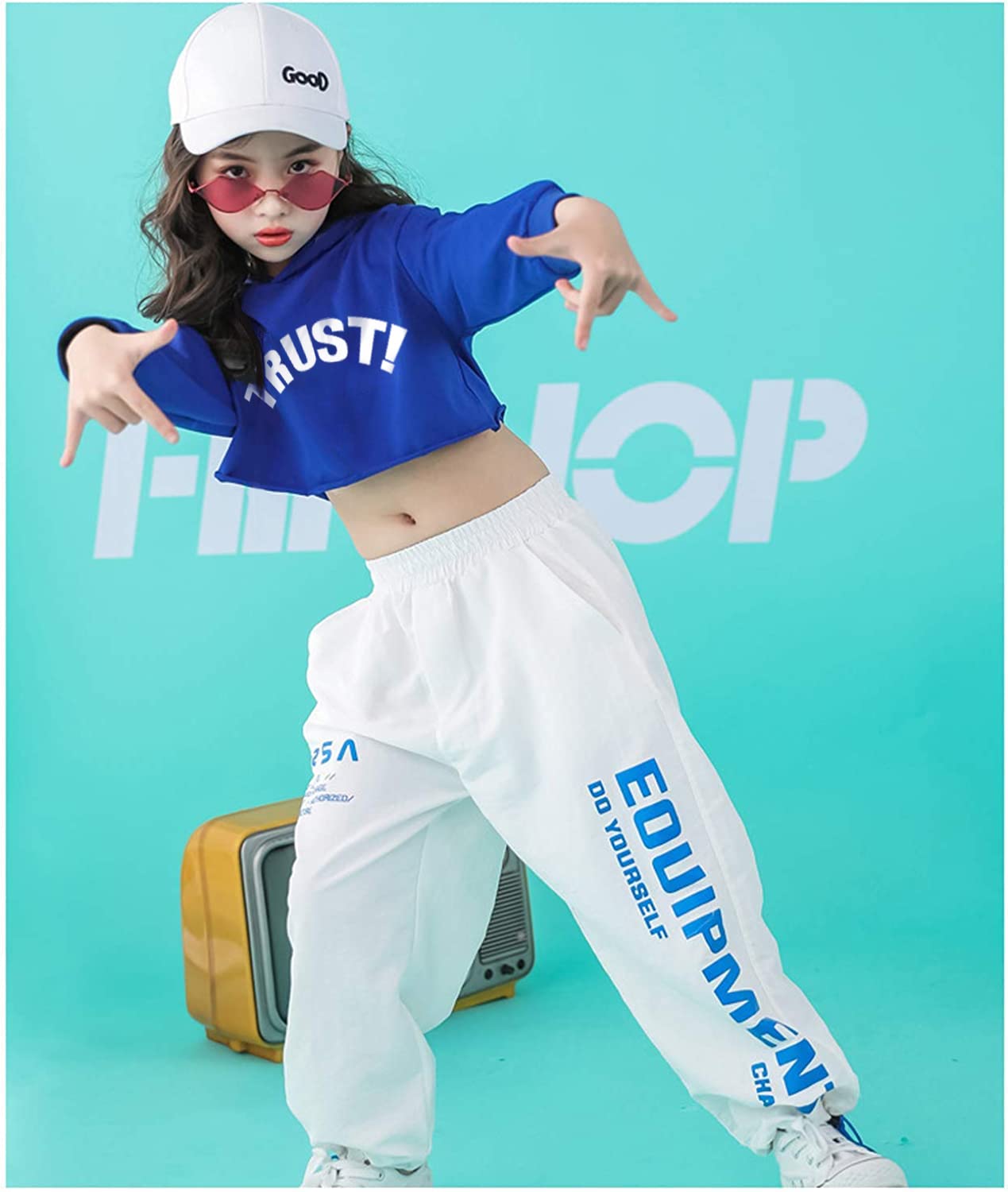 LOLANTA 2 Piezas de Ropa de Baile Callejero para niña Hip Hop, Sudadera Corta + Pantalones de chándal
