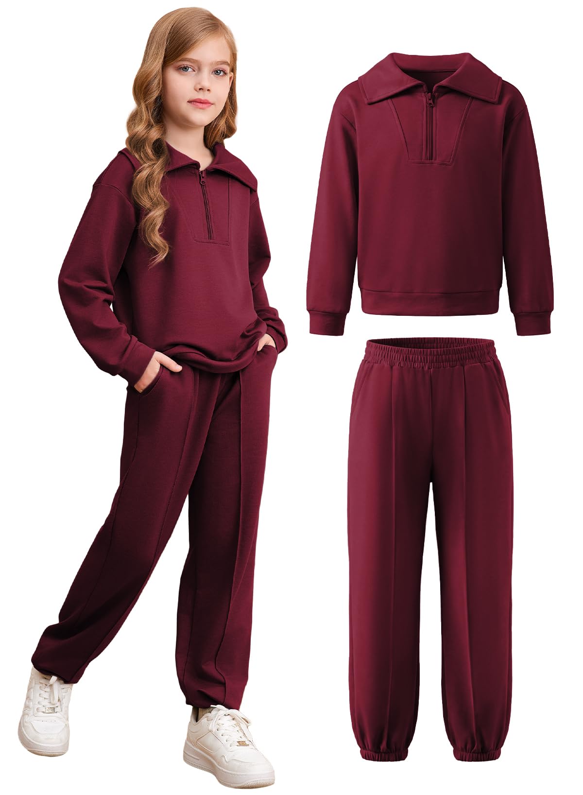 Girls Fall Outfits Quarter Zip Pullover Jogger Sweatsuit Sets Size 6-15