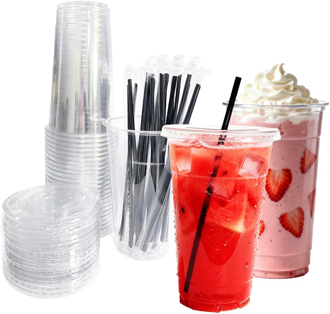 [25 SETS] 32 oz Cups with lids, Plastic Cups with Lids and Straws Ideal for cold drinks, smoothies, iced coffee, milkshakes Suitable for parties, events, weddings and various other gatherings.