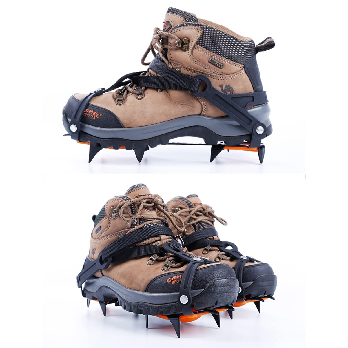 Garras de hielo antideslizantes, crampones de hielo de longitud ajustable, cala de hielo de acero de alto manganeso, pinchos de tracción de hielo para los zapatos y las botas para la nieve y el barro