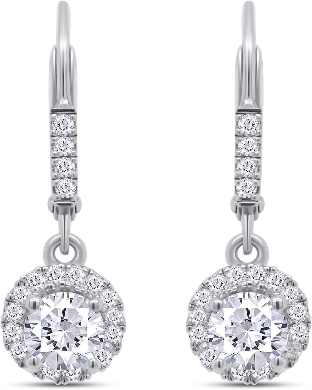 SAVEARTH DIAMONDS Sterling Silver 1ct 5mm G-H-I Color Moissanite Halo Leverback Drop Hoop Earring with Accents for Women