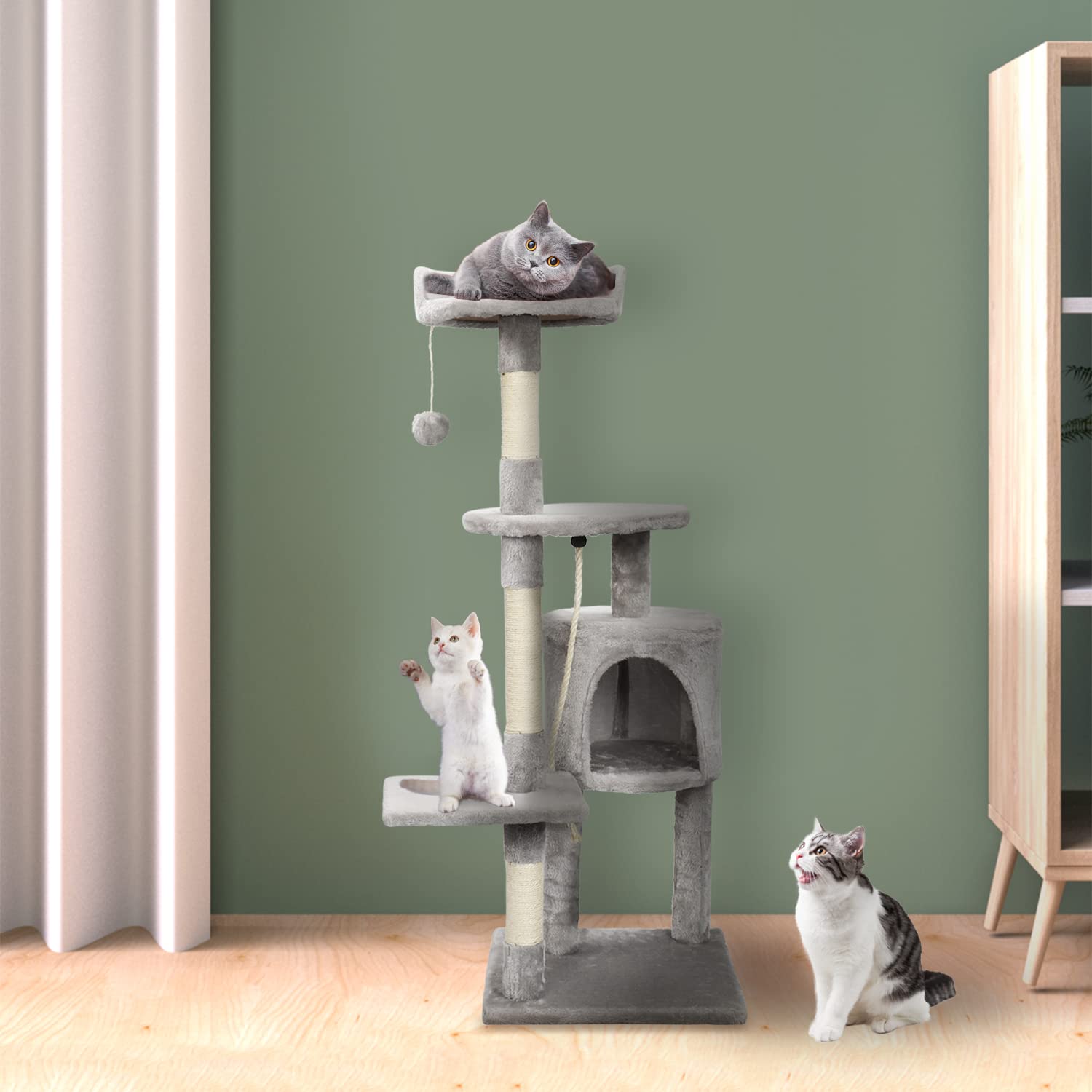 Tiragraffi per Gatti Albero per gatti alto 112 cm con corda in sisal, piattaforma, Grotta e Pompon in peluche per far riposare e giocare i gatti, grigio Inventario in Germania