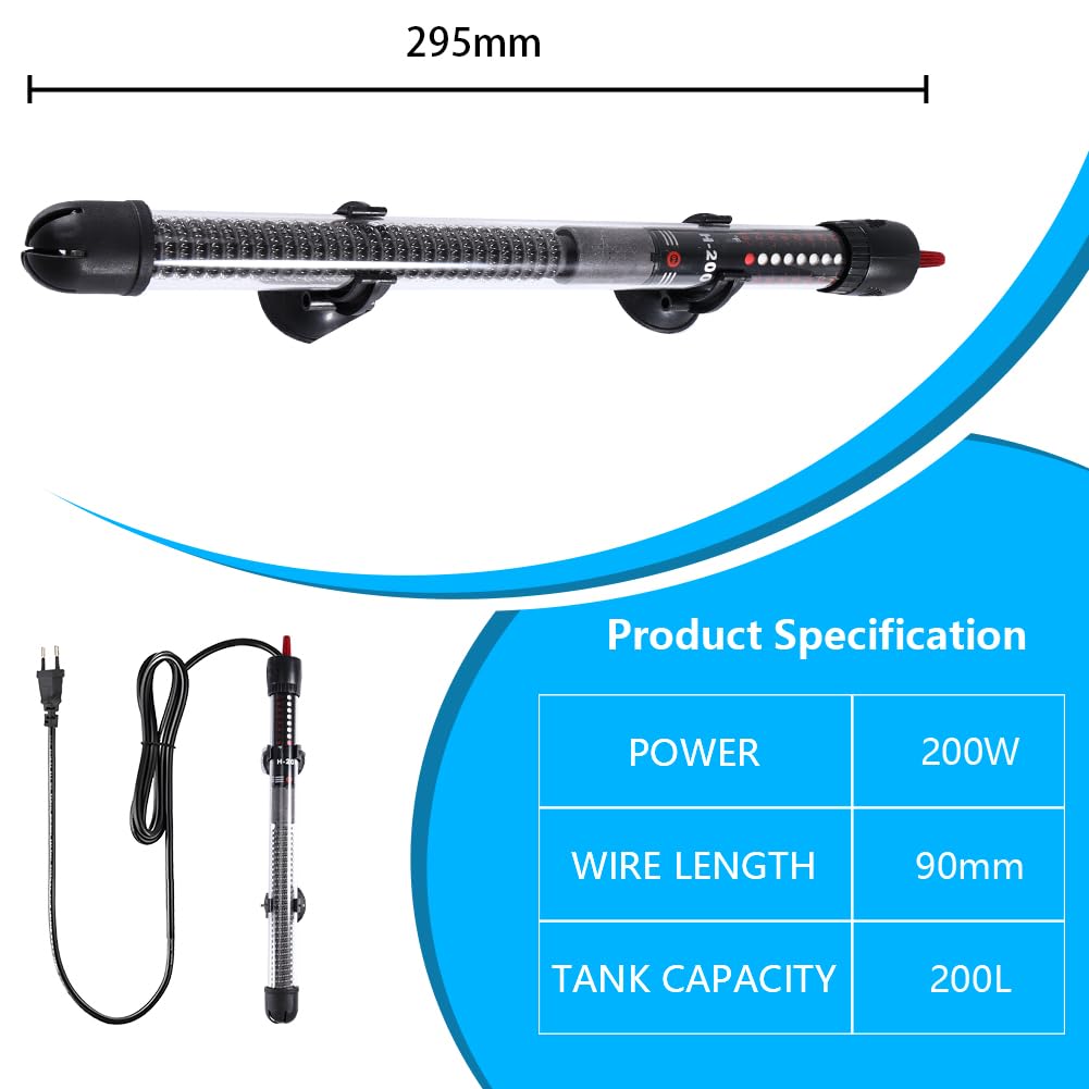 Calefacción para acuario, 200 W, 200 L, temperatura ajustable, con ventosas, calentador de acuario con 3 pegatinas termómetros