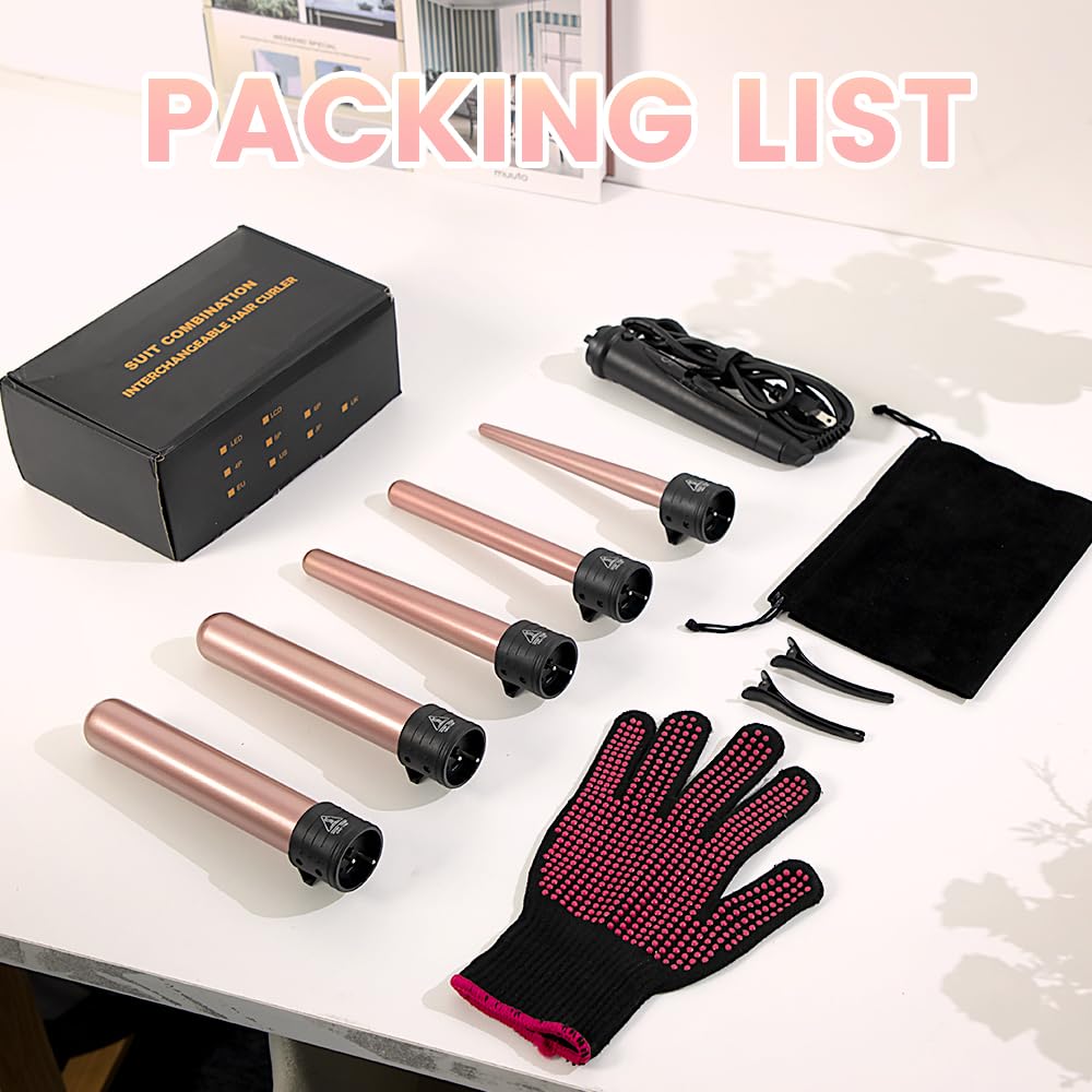 Juego de rizador 5 en 1, rizador de pelo intercambiable, barriles de cerámica (0.35 a 1.25 pulgadas), guantes protectores contra el calor de barril, 2 clips, rizador de pelo de doble voltaje para 8
