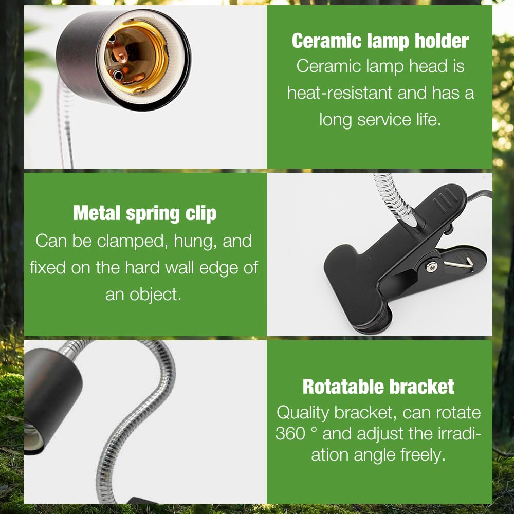 Lámpara para Tortuga, Lámpara de Calor de Reptil, Luz Caliente para Tortugas con Clip con Interruptor de temporizador y 2 lampadine da 25W 50W para Reptiles y Anfibios