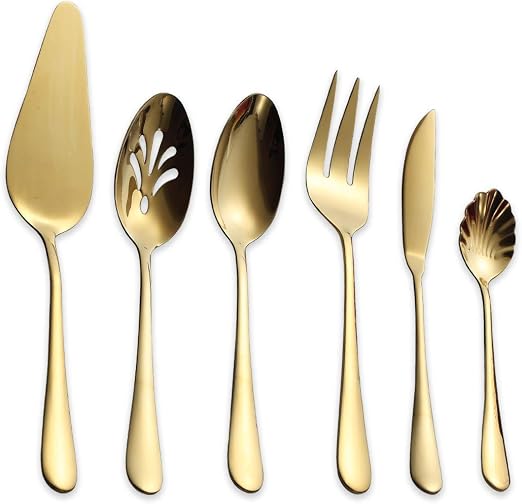 Berglander Stainless Steel Titanium Plated Flatware Serving Set, 6 Pieces, 5 Serving Sets of 45 Pieces Flatware With 1 Cake Server, Shiny Golden Silverware Set