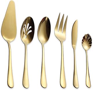 Berglander Stainless Steel Golden Titanium Plated Flatware Serving Set 6 Pieces, 5 Serving Pieces of 45 Pieces Flatware Wi...
