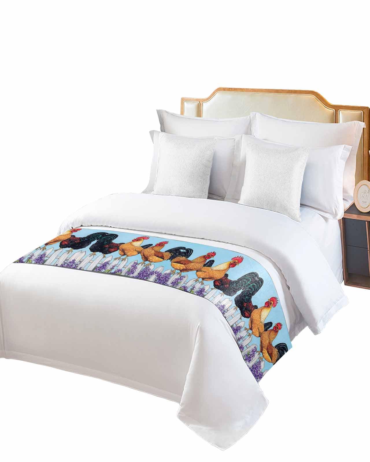Retro Rooster Bed Runner for King Size, Spring Floral Farmhouse Animals Bedspread Protector Slipcover Bed Scarf for Foot Runners & Scarves for Bedroom Hotel Wedding Room 102x20 Inches