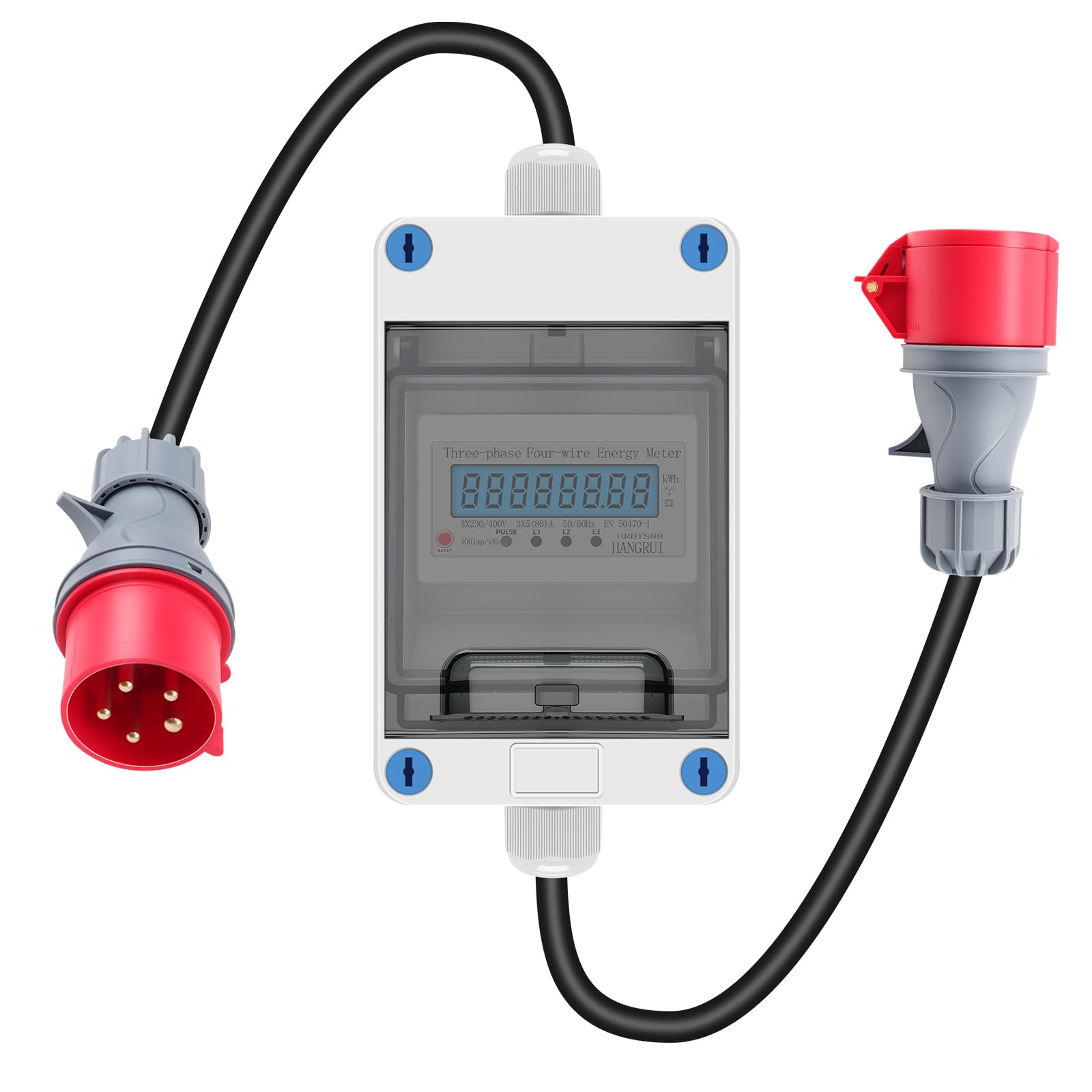Contador Eléctrico Portátil 3 Fases 16A 400V, con Reset, Enchufe CEE | Contador Digital Trifásico, IP65 Contador Intermedio, para Camping Autocaravana Coche Eléctrico, Cable 2m 5 Polos